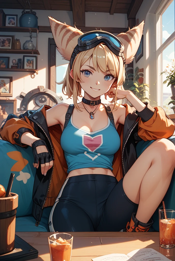 Yoimiyarnd, busty, cleavage, tank top, shorts, sitting on couch, smiling