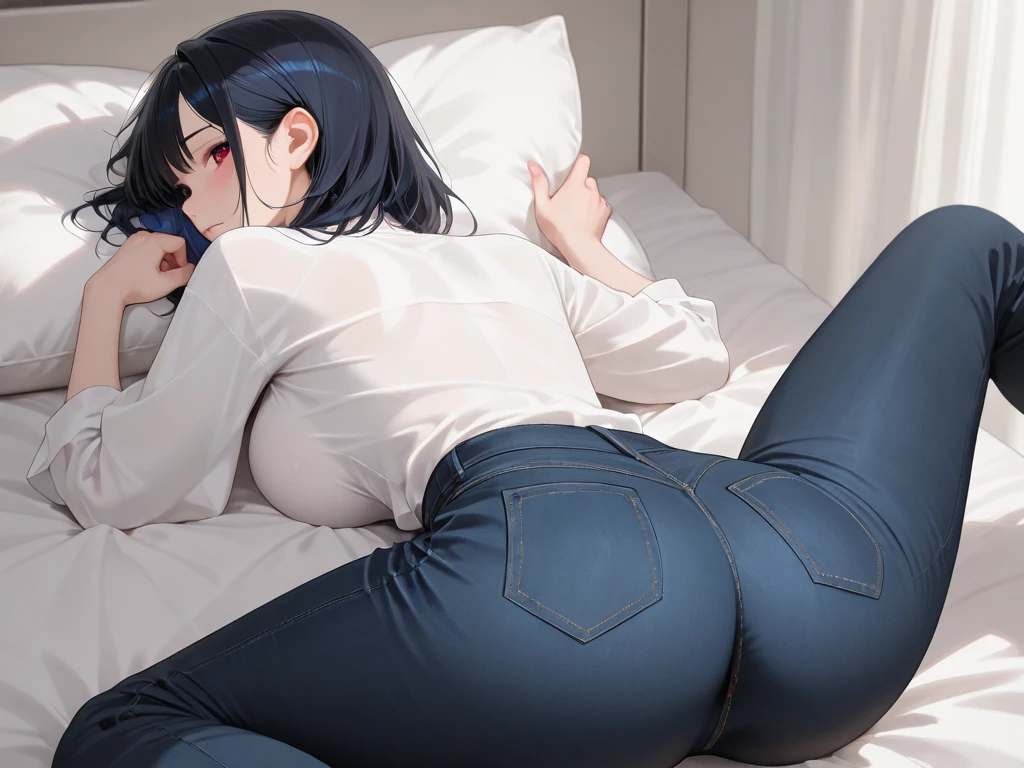masterpiece, ultra detailed, 8k portrait, RAW photo, portrait photography, highly detailed face, 1 woman, (lie in bed:1.5), 25 years old, (small eyes), glasses, (black long bob hair), (hair over one eyes), (white skin color), (wearing long T-shirt), (silk pants:1.5), Midday Sun, hyper realistic, Body model, (Small breasts:1.2), Beautiful breasts, (big butt), Long legs, in living room, Ambient lighting, Shadow details, Camera focus on face, strong breeze, Light fog