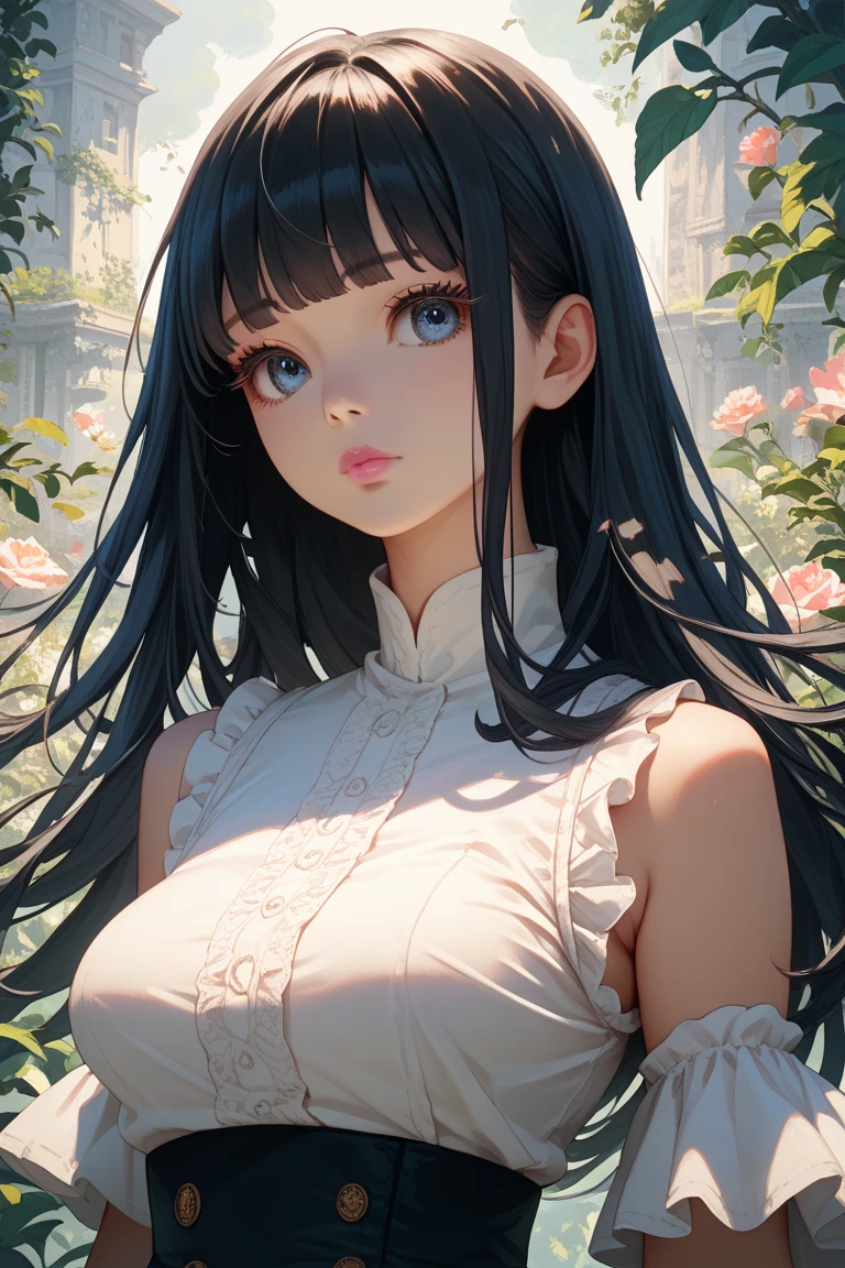 masterpiece, highest quality, One Girl, Thighs, beautiful girl, Flowers, たくさんの小さなflowerびら, flower、Small waist, RAWphotograph,Bright lighting、Face Light, Ultra-realistic, High resolution, photograph, Sharp focus, Highly detailed eyes and face,Symmetrical face, whole body、Large Breasts、Long Hair、チラリと見えるThighs、Cleavage、Red Micro andals、White lace shirt、Sleeveless、Her hair was tied with a big red ribbon、White high heels、After bath、Public bath