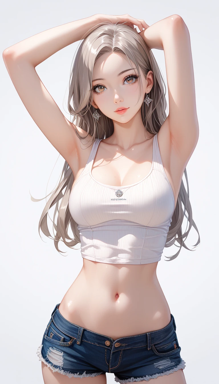 (Best Quality,High resolution,8K,finelity detailed background,Masterpiece:1.2),beautiful girl,Glossy romance gray hair,messy hair,Gray eyes,Gentle look,A refreshing look,Best quality,Best Quality,Aesthetic and aesthetic:1.2,Best details((Super detailed))(High-definition CG illustrations),Tank top,Shorts,Slender body,Training Gym,smile,blush,cute,Scrounge,Looking up,Being spoiled,super model,shoot from above