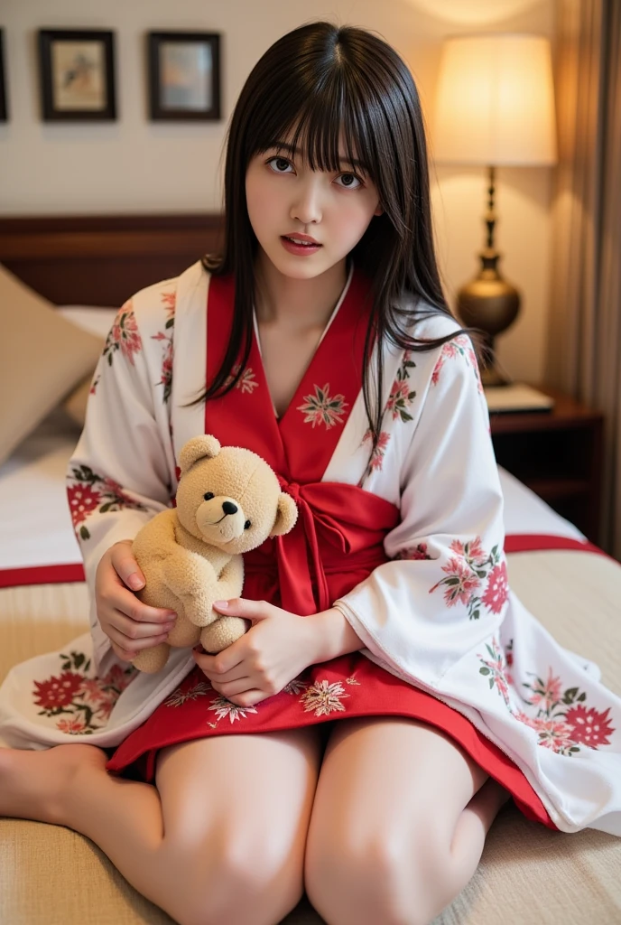 Sleeping Girl, 20 years old, Realistic,Wearing a kimono, Expressions of satisfaction and relief, Brown hair. Pink bed theme and some cute stuffed animals on the bed,An ultra-high picture quality,high-detail,Happy,I see underwear