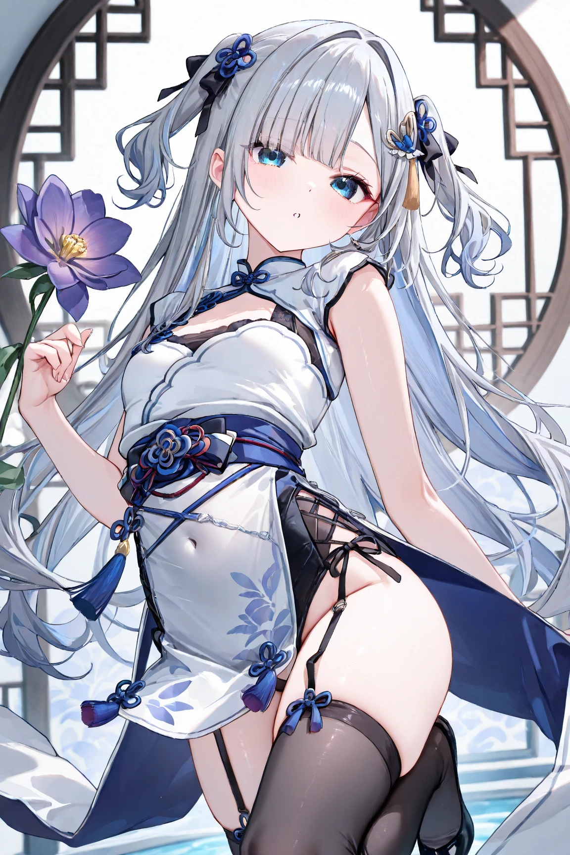 Anime girl, long messy white hair that is tied up, accessories in hair, beautiful blue eyes, blank expression, wearing a white qipao with some pale blue designs, bare legs, fair skin, beautiful chinese room background with a flower pot, 8k, high resolution, good anatomy