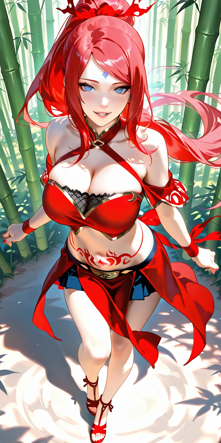 (masterpiece), best quality, expressive eyes, perfect face,Shuten Doji_\(Onmyoji\),1girl,big breasts,[cleavage],black and red bikini,red hair,long hair,ponytail,fangs,grey eyes,forest lake,waterfall,demon horns,wet body,head tilt, nighttime,full body