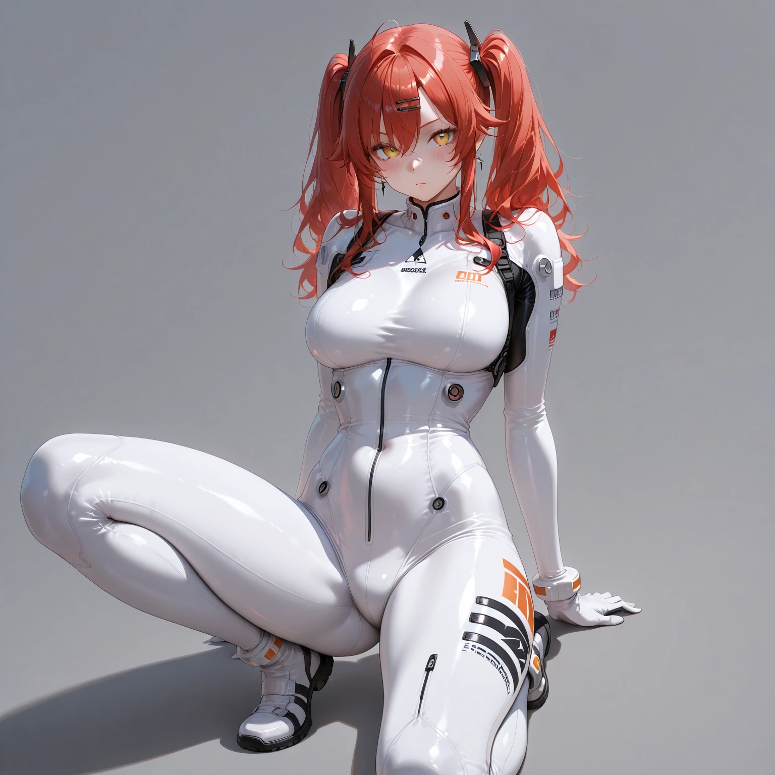 A Female robot is sleeping in bedroom, spread legs, nude, banzai pose. she wears no dress. She Brown short hair is tied with two big red clothespins, She lifts up the under hem of her white plain dress, leaning over, masterpiece, very short pigtails,brown hair, mature, android, blue eyes, full body figure, Height: 160cm, flushed cheeks, 2020s anime picture, A beautiful robot with short brown hair in two short pigtails held up by two very large huge red clothespins, Uplifting, No NSFW, whole body, barefoot, archaic smile, getting orgasm, 25 years old, sweat bucket.
