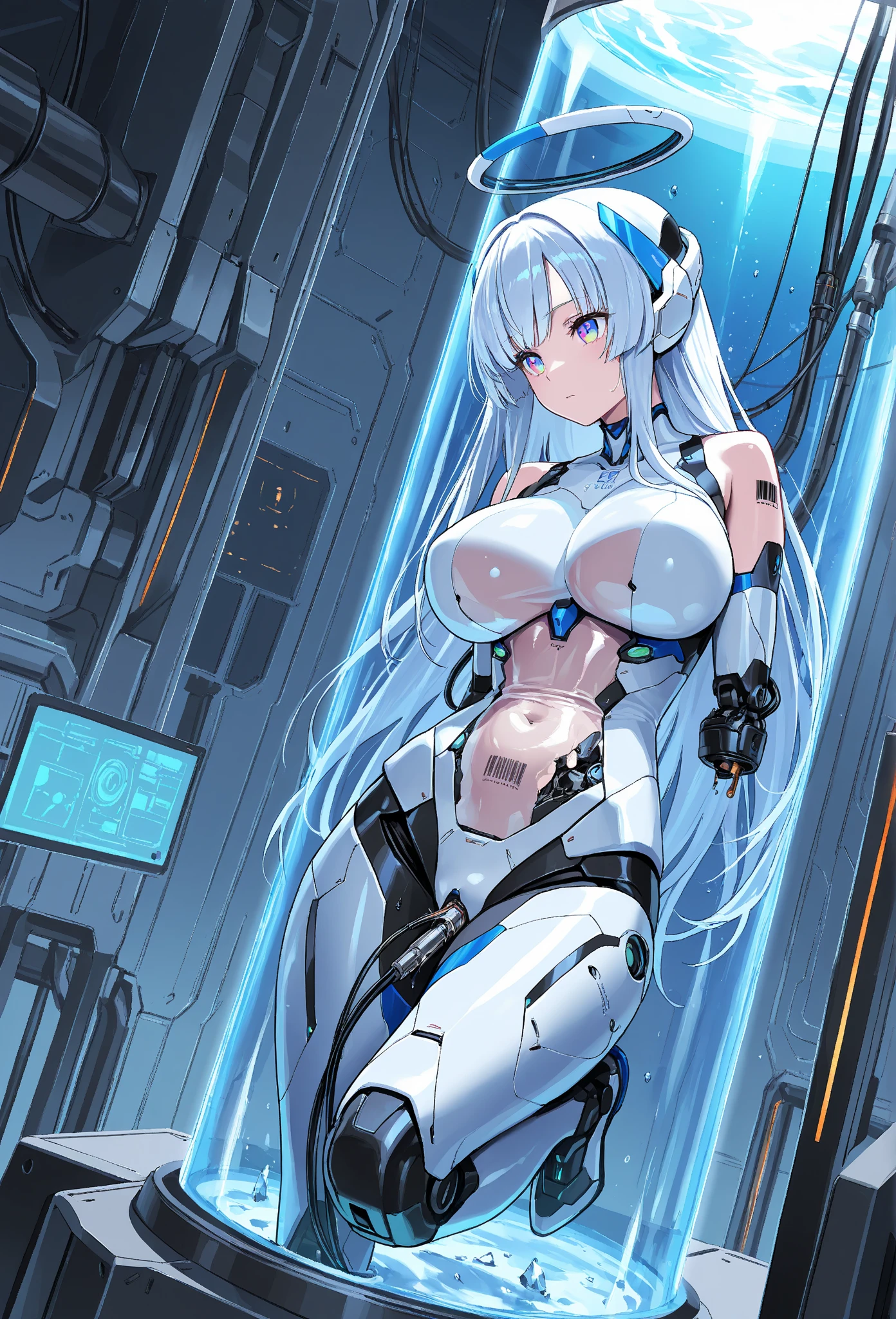 (Sit with one knee on the machine:1.6)、(Full body description:1.3)、((Shining lenses on both breasts:1.3))、((Blue pillars of light are emanating from both chests.:1.3))、smile、((8K)), ((32k)), ((Highest quality)), ((masterpiece)), ((超A high resolution)), ((Tmasterpiece)), ((Halation:1.4))、((Mechaニカルheadgear:1.2))、((Cyber Headphones:1.3))、Fine skin, High quality fabric, Fine metal texture、((Beautiful and dense face))、RAW Photos、Professional, Ultra-fine painting, ((alone)), Beautiful breasts、Highest quality, Very detailed, Very detailed詳細, Finer details, so beautiful, ((Princess Knight Robot:1.2)), (Joints of machines, Mechanical Limbs:1.3), (The internal structure of the machine is exposed:1.3), (Long silver hair:1.1), (Beautiful and huge mechanical breasts)、White Veil, cowboy_shot, Side Focus, headgear, Shiny、(Five Fingers, Four fingers and thumb),Concept Art, Anime fantasy artwork, Detailed fantasy art, (with pale blue-violet hair and large white wings,,,,,,,), (((Long silver hair))), (Mecha:1.6)、Sleek and intimidating design, ((Commander-in-Chief'arm)), (Perfect robot body)、純白と青紫armまたは, Symmetrical wings, 8K high quality, detailed art, 3D rendering of character art in 8K, neat legs, Defined, Defined fingers,