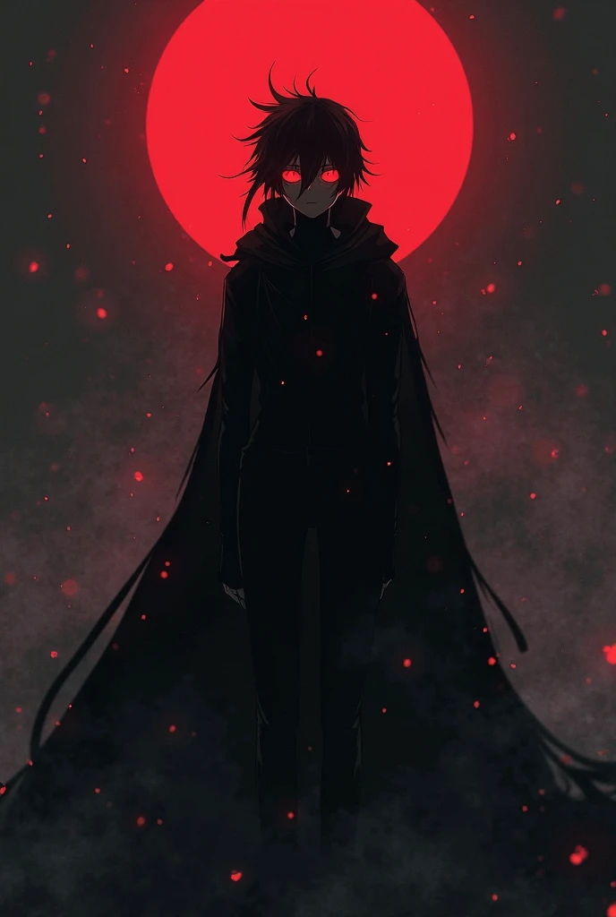 a boy of 15 years old, black clothes with red markings, black hair, scarlet eyes full of hatred, dark aura, highly detailed, full moon night, empty city, looking at the viewer, floating eyes with blood-red wings,anime illustration,male body