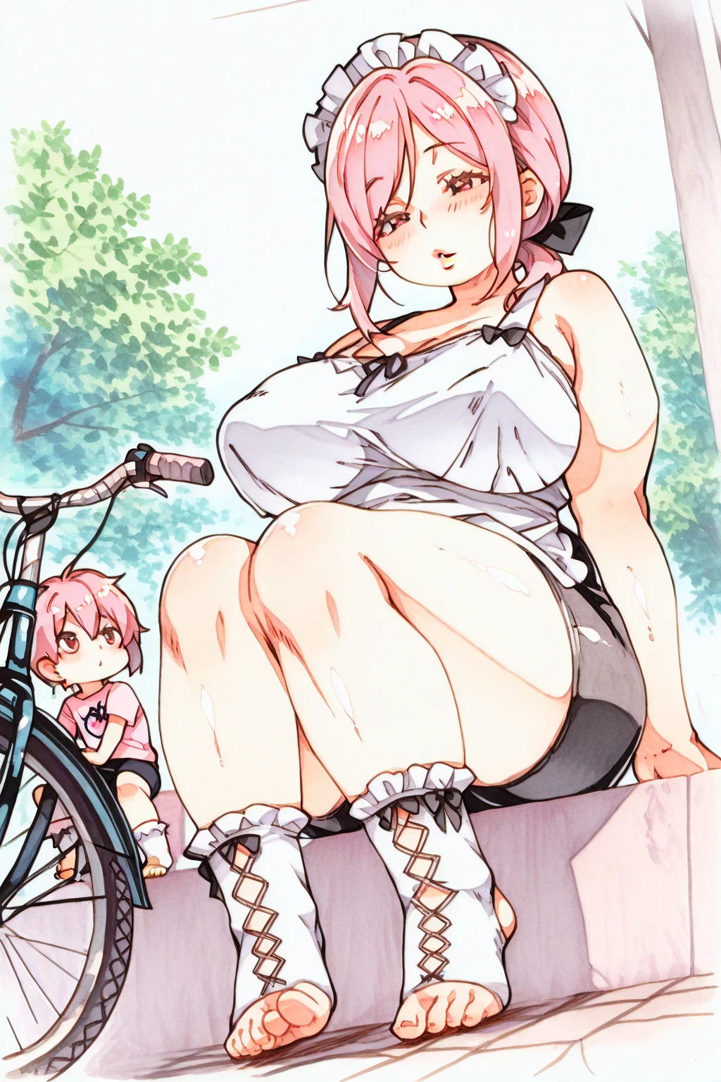 (melhor qualidade, obra-prima), 1Meninas, (corpo BBW), ((Too big pink areola)),((obscene pose)),((The crotch is spread wide)),((crowd)),(((street))),((outdoor)),rechonchuda, Fofa, emphasis on the thighs, Pose sexy, seios grandes,((micro bikini)),((she has a dildo)),((is visible)),(((cum in pussy:1.5))), ((she is peeing))