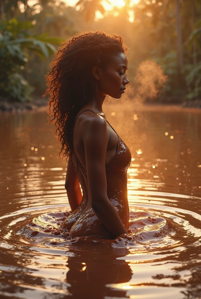 35mm film photography, A young, dark-skinned woman with long, curly black hair standing nude in a serene, tranquil lake or pond, with a vibrant, colorful sunset or sunrise casting warm hues across the water in the background, high detail, monochromatic hue, minimalistic risograph duotone design effect, two color palette, veiled contrast, dramatic dutch light, circular 360view, arafed view, ultra wide, aerial