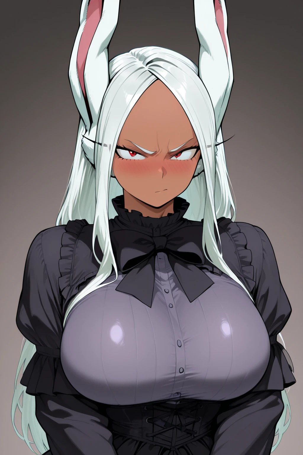 SFW, ((black skin Drow)) (maid clothes), (gigantic breasts, huge breasts, Big breast), firm breasts , tall girl, slim waist, curvy figure, arms behind back, (white_hair, red_eyes), long braids, shortstack