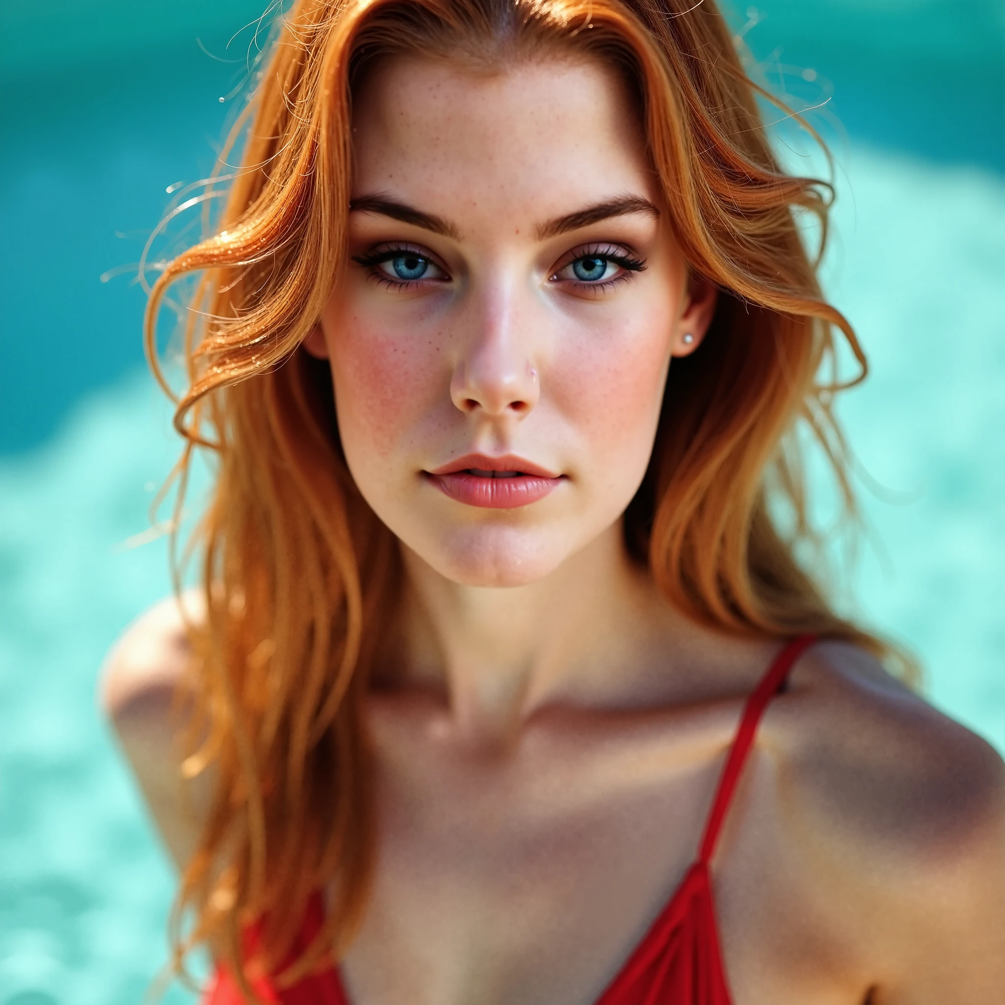 {type: photoréaliste}{subject: full body debout dans plusieur positions femme de 21 ans rousse aux yeux clairs, maillot de bain deux pieces unis}{environment: devant une piscine, éclairage ambiant froid}{details: cheveux roux légèrement ondulés, cils courbés, pose }{style: réaliste, détaillé}{camera: Canon EOS R5, objectif 50mm f/1.2, prise de vue moyenne}{lighting: lumière naturelle et douce, ambiance chaleureuse}{resolution: 4K, haute définition}