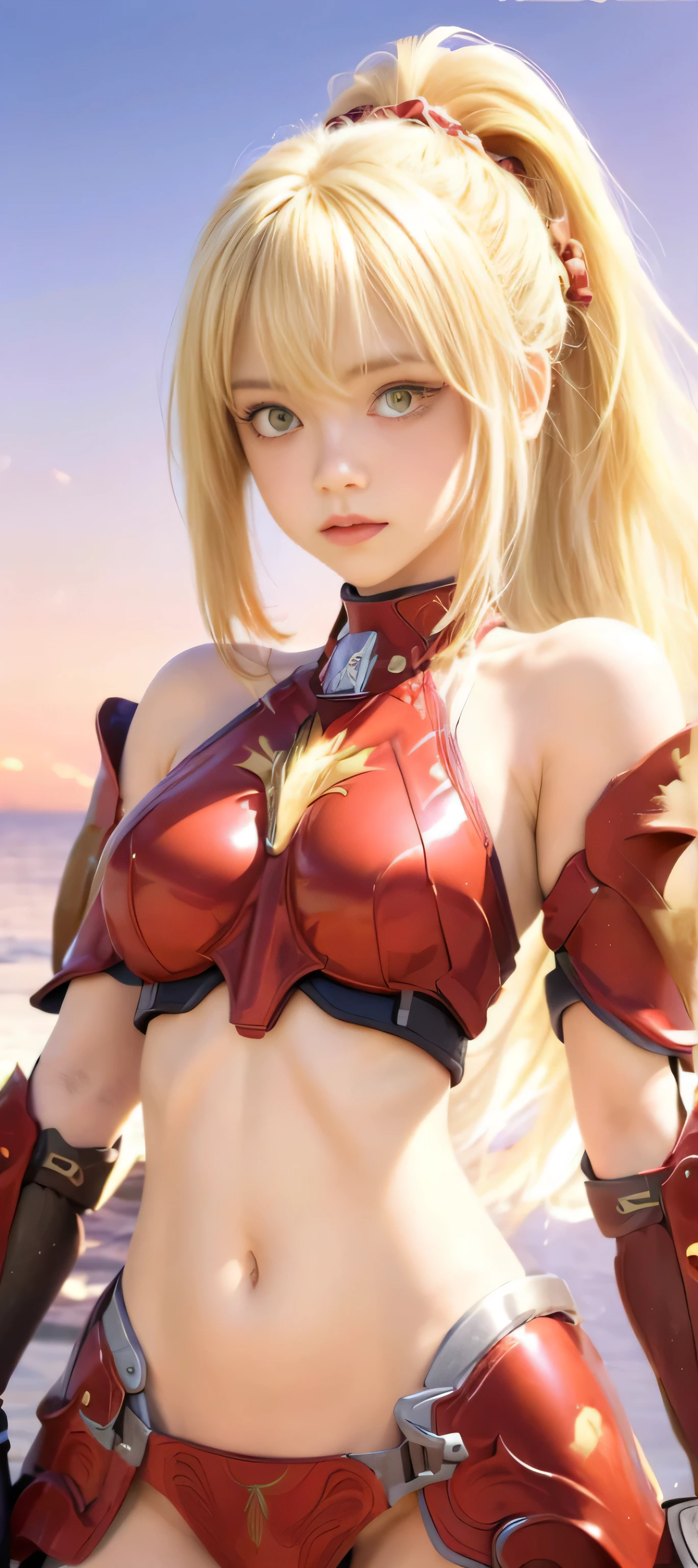 masterpiece, best quality, (realistic,photo-realistic:1.4), (RAW photo:1.2), extremely detailed CG unity 8k wallpaper, delicate and beautiful, amazing, finely detail,official art, absurdres, incredibly absurdres, huge filesize, ultra-detailed, extremely detailed, extremely detailed girl,extremely detailed eyes and face, light on face,little smiles,(long hair:1.5),(blonde hair:1.5),(sunset background:1.4),ais Wallenstein,(girl:1.3),(divine armor:1.5),(hair between eyes:1.3) ponytail,(yellow eyes:1.5), red panties,(red armor:1.5),(bare shoulders:1.3),god cloth