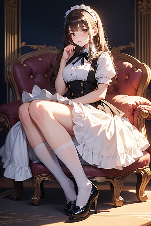 Highest quality, masterpiece, Adult women,8 heads，Sexy mother，Long sleeve maid outfit，Without skirt，Long Hair，Brown Hair，Hearts in eyes，Dark Room，Sit on the sofa，Spread your legs、Leg spread，White tights，White garter belt，Wet white lace panties，I can see your pants，A seductive smile, Plump thighs，Long legs，Droopy eyes, Low - Angle，Push out your hips