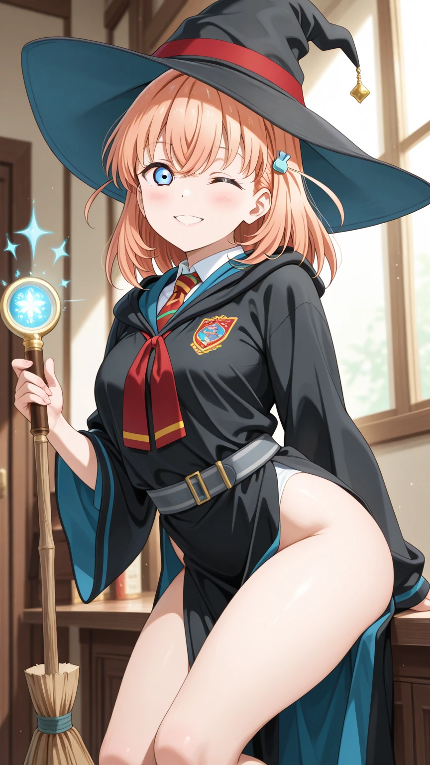 (Masterpiece, Best Quality, High Quality), volumetric lighting, illustration, beautiful, cowboy shot,kousaka honoka, blue eyes,mini skirt, large_breasts, thighhighs, gloves, hat, jewelry, earrings, glasses, belt, star_(symbol), witch_hat, clothes_pull, halloween, sexy witch, broom_riding, navel, exposed crotch