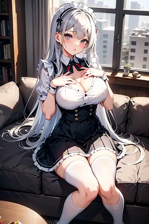 A young woman with white hair, white cat ears and very large breasts、Sweaters are coming、No underwear on、She opens her legs and shows me her genitals