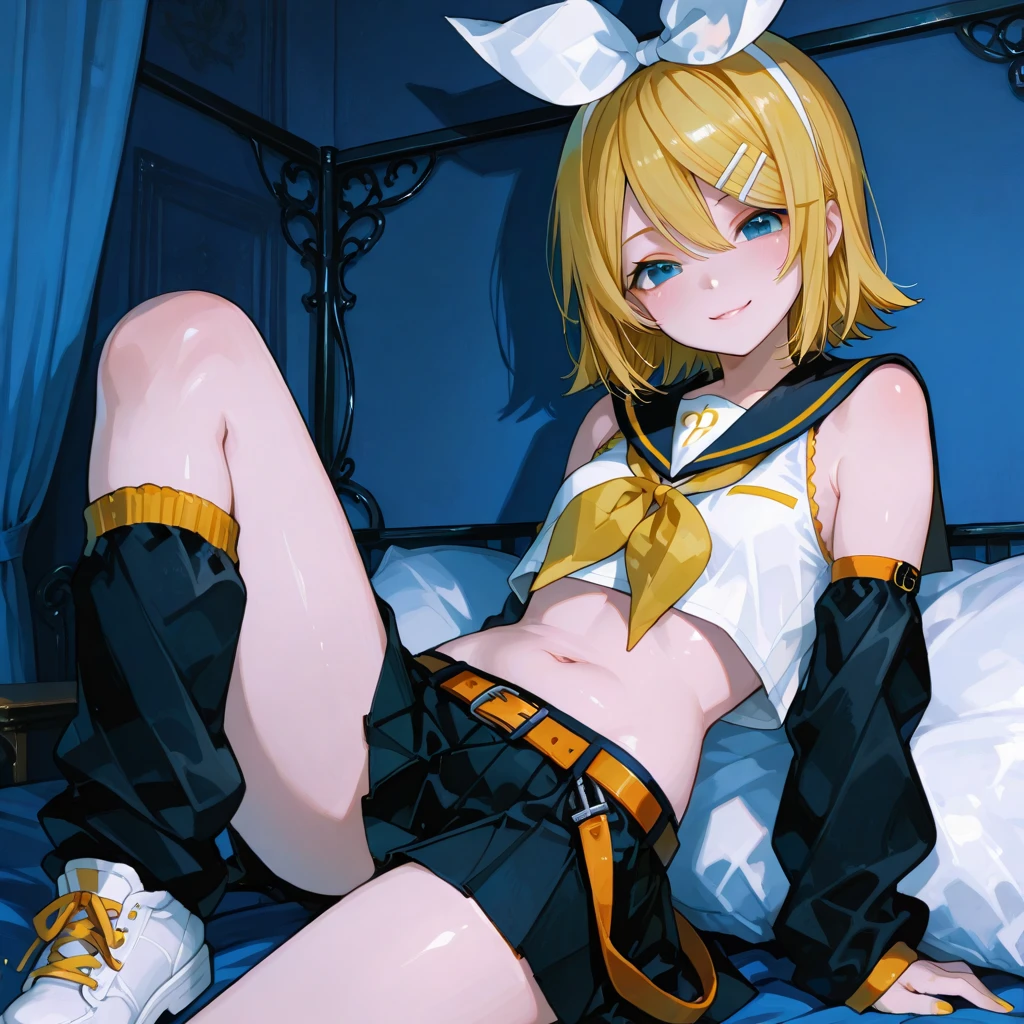Masterpiece, Top Quality, Illustration, Ultra Detail, High Resolution, Absurdity, One Girl, (Kagamine_Rin:1.5), Vocaloid, Very Cute, (Blonde), Small, [Short Hair], Hair Clip, (Beautiful Blue Eyes), Lively Eyes, (Bright Eyes: 1.2), Beautiful Girl, Smiling, (Black Shorts: 1.5), (Yellow Neckerchief), (White Hair Ribbon), [White Hair Clip], [Headphones], Love Love, Light, Delicate Hands, Innocence, (Young: 1.3), (Little Girl), (Loli), Girlfriend, Bedroom, Night, Delicate Eyes, Bare Legs, [Blue Archive Style], [Beautiful Girl Anime Style], Estrus / Naughty Mood, Pampered, NSFW, Grinning, Seducing, Begin to Undress, Loose clothes, naked, clean skin, revealing, see-through, wet, cleavage, undressing, bare breasts, sexy, cowboy shot, belly button visible, [devil's laugh], female brat, still underdeveloped body