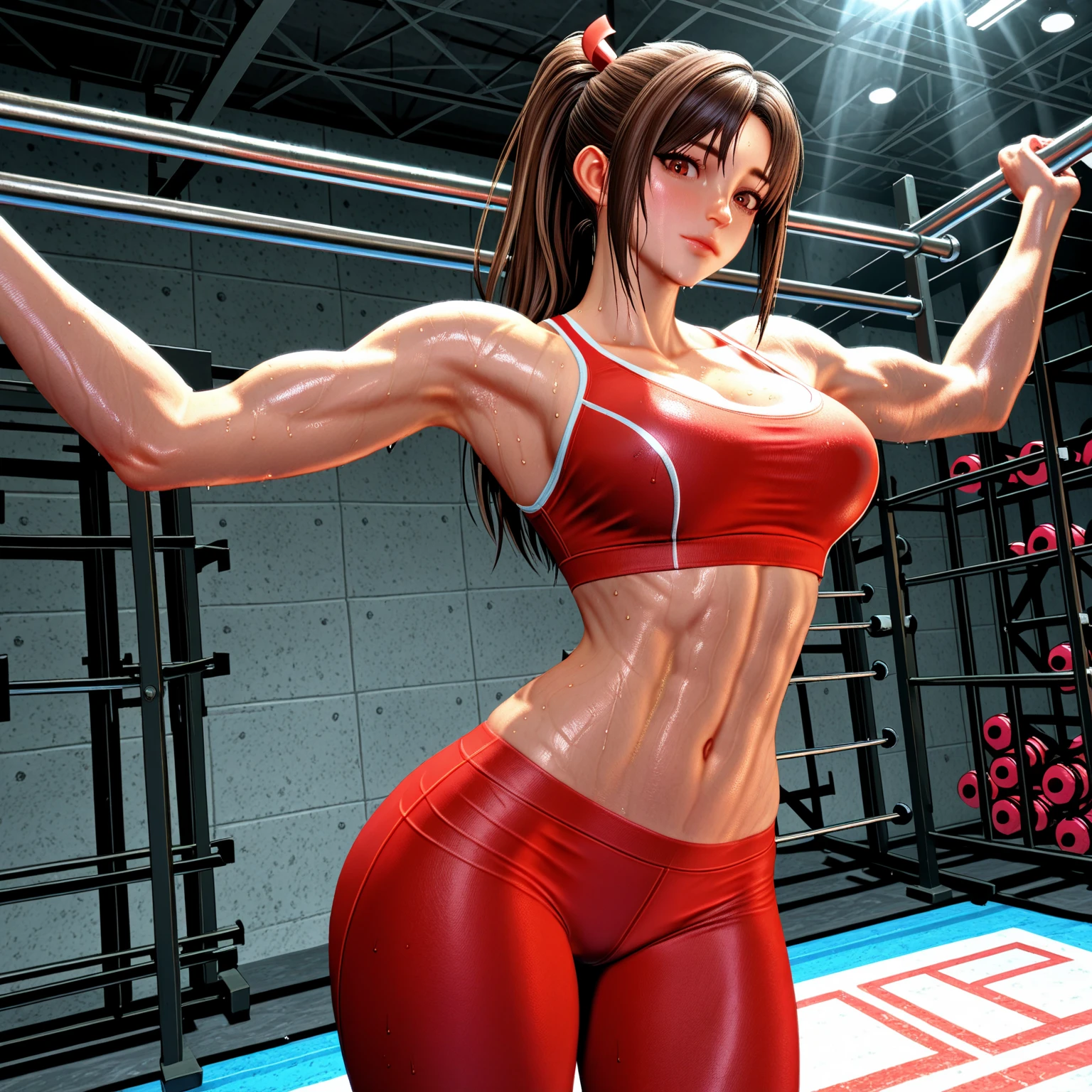 (8K，Ultra-detailed，Hyper photorealism，best masterpiece，nature，perfect work of art，perfect female body)，two cute girls，Standing in the gym wearing a red see-through silk shirt，Female fitness trainer，Stylish hairstyle，Body shiny，greasy girl，Elegant and sexy weightlifter，sexy exposed forehead girl，Sexy vacuum fitness beauty，urine leakage，wet，Built-in thong，big cleavage，Stretch the meat，Improve sex appeal，It&#39;s a violent house，Full body shots