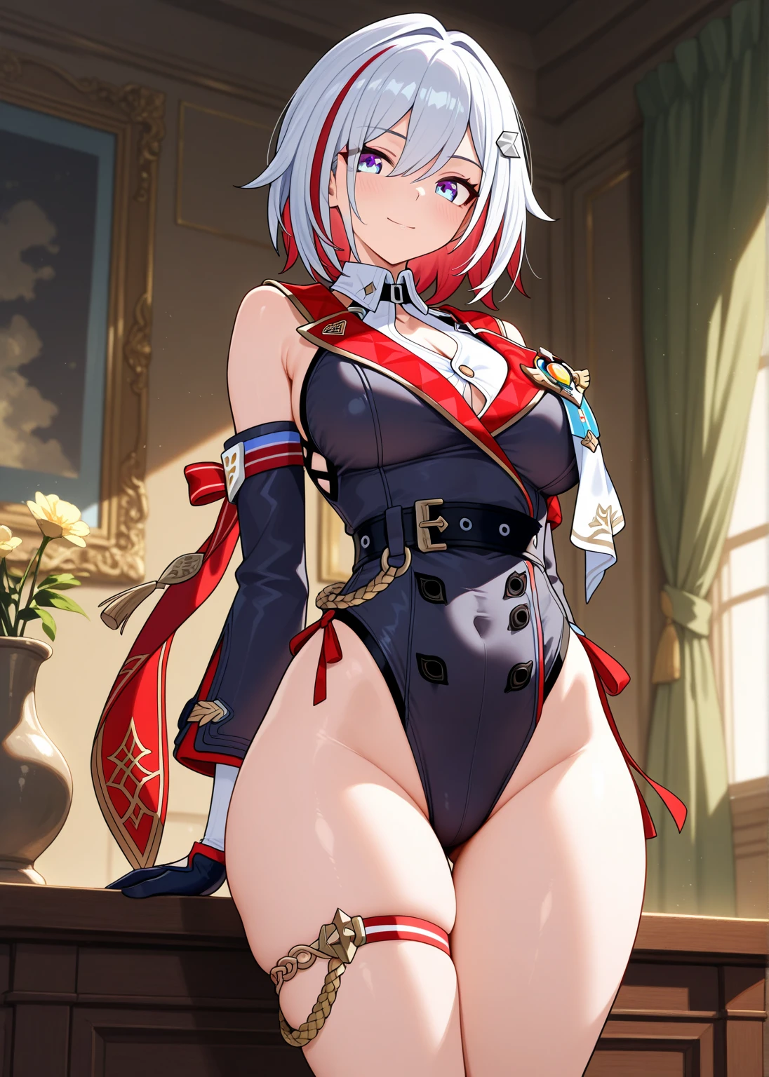 NSFW, arlecchino, arlecchino from genshin impact, party dress, sexy party dress, big tits, cool girl, a quiet and serious girl, badass, firm expression, evil smile, look down, sexy model pose, restaurant background, fine background, full body