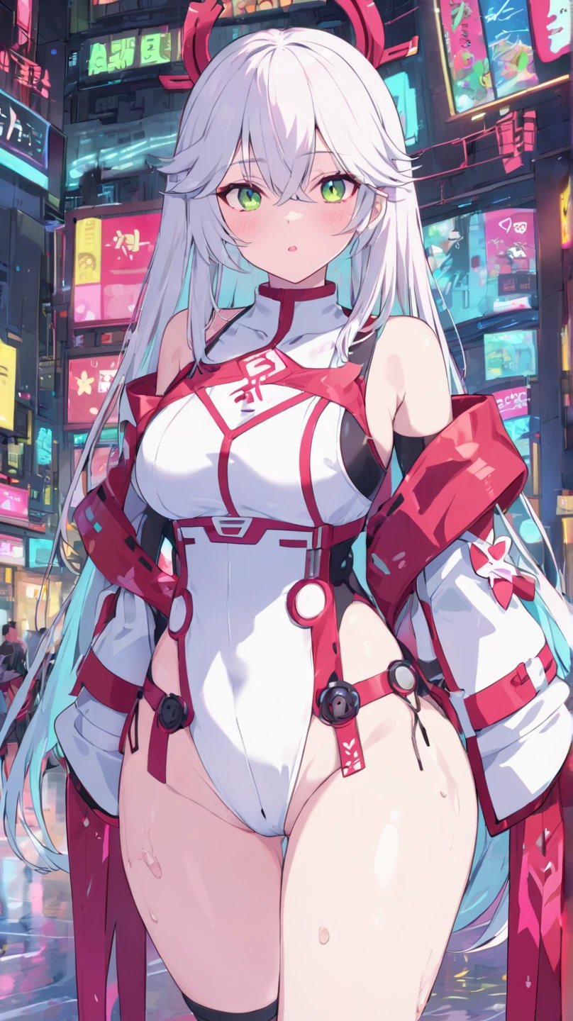 1girl, large breasts, wide hips, white hair, long hair, red eyes, serious, twintails, bikini, black bikini, v-string, shoes, sneakers, neon, neon trim, ((neon trim)), futuristic, tech, machinery, science-fiction, from above, full body
