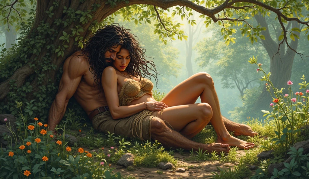 "A vivid depiction of the moment of creation, where God forms a man from the dust of the ground. The scene is set in a lush, verdant Eden with vibrant flora and a serene atmosphere. God, depicted as a majestic, radiant figure, gently breathes the 'breath of life' into the nostrils of the newly formed man. The man's body, initially lifeless, begins to glow with divine light as he transforms into a living being. This visual captures the profound moment of divine animation, highlighting the connection between the physical body and the divine spark."