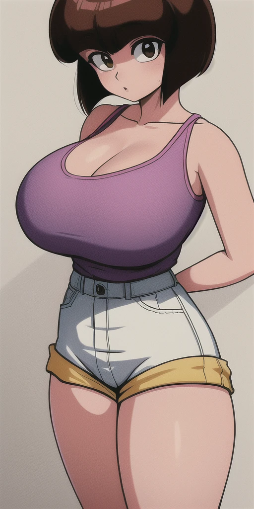 pink hair, bobcut, cleavage, white see-though tank top, pink shorts, full body shot, blank background, black background, cleavage
