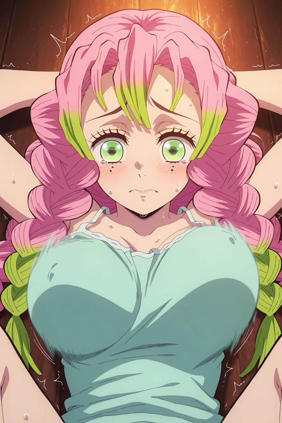 (masterpiece, best quality), intricate details,
MitsuriKanroji, kanroji mitsuri, 1girl, solo, long hair, winking, green eyes, pink hair, braid, green hair, twin braids, smile, cute smile, blushed smile, blush, blushing, large breast, huge breasts, bikini top, headshot, collarbone, neck, bare shoulders, pink bikini top, cleavage, in frame, peeker, top angle, shot from above, head shot, perfect shot, plain background, white background, photoshoot, complete head in frame, top of head, zoomed out, top of head, perfect shot, perfect framing,