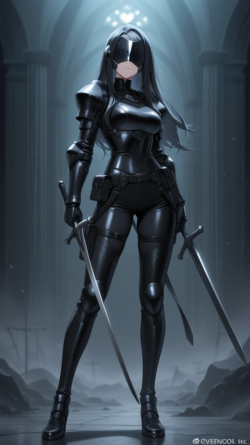 Black long straight hair ponytail female chest cleavage tights white sci-fi armor high heels katana sword apocalyptic ruined city
