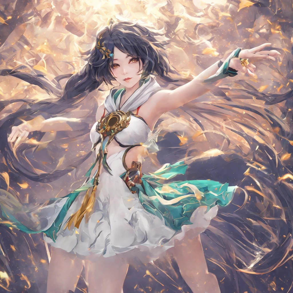 (Sun, moon and stars，night sky)，(​Masterpiece、top quality、top quality、official art、Exquisite and beautiful:1.2, Hinata hyuga，Current Ions，aurora，Very detailed、(fractal art:1.3)、Colorful、most detailed, big breasts, (Posture in motion:1.4)、Beautiful and delicate face with details、Beautiful and delicate eyes with details、Very fine eye definition,((natural smile)), Looking at viewer, solo, wearing beautiful komono, Jewelry, 