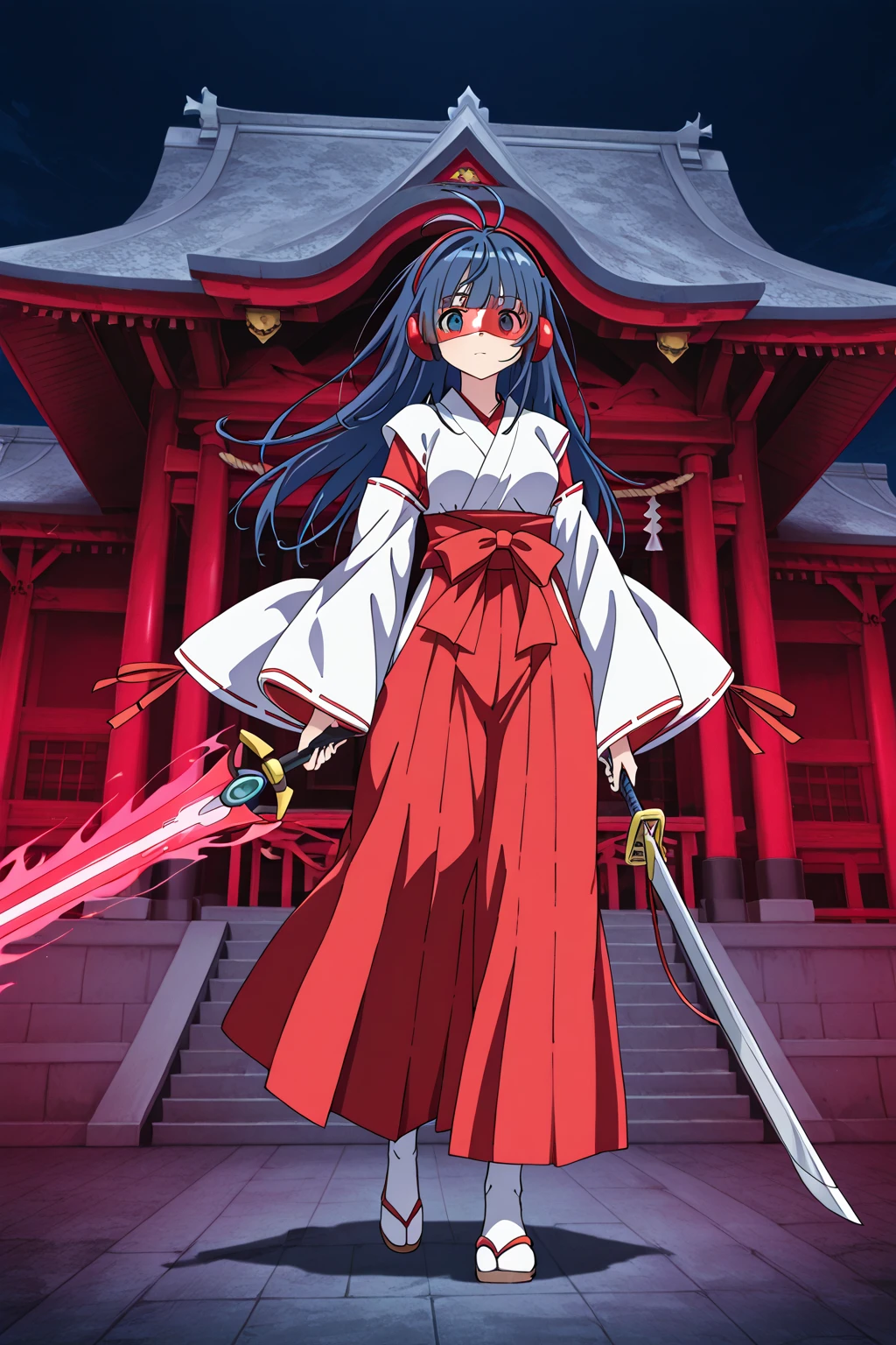 anime, holding two swords, hotsu, a woman, dark brown eyes, long navy blue hair, a beauty mark under left eye, high ponytail with a yellow ribbon, a sleeveless yellow-colored kimono with red-colored flower-like designs, loose sleeves around her forearms, a fitted leotard under kimono, knee-length black stockings with sandals, 8k, Unreal Engine 5, octane render, by kyun, gamang, Yoon Gon-Ji, g.ho, gosonjak, shuroop, serious, domi, noah, trending on pixiv, fanbox, skeb, masterpiece, smooth soft skin, big dreamy eyes, beautiful intricate colored hair, symmetrical, anime wide eyes, soft lighting, concept art, digital painting, <lora:hotsu:0.55>