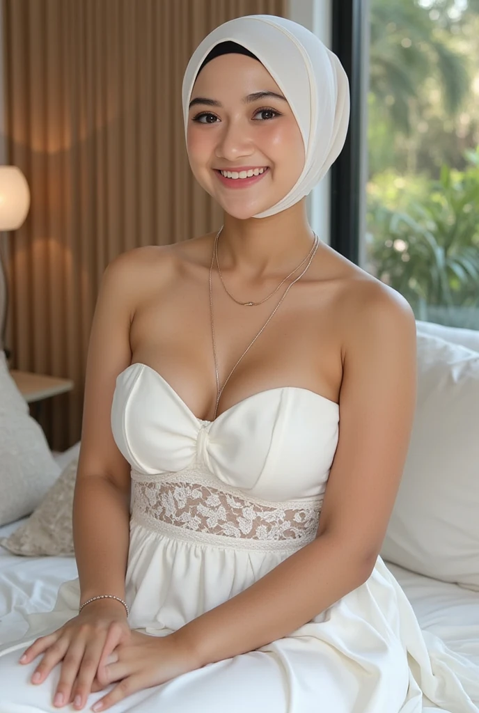 A malay woman, 15 year old, wear hijab, white skin type, smile, baju kurung dress, Realistic, Photorealistic, 8K, Masterpiece, Best Quality, High Definition, Live Action, RAW Photo, Single Woman, Beautiful Body, Heavy Big Breast, ((Cleavage)), Sexy, Married Woman,  