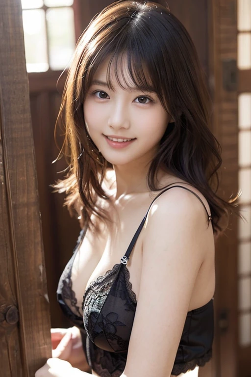 (Has an erotic look:1.5)、Covering her visible nipples with both hands、(RAW Photos), (Realistic), (masterpiece), (highest quality), High resolution, 8K resolution, (Intricate details), (Volumetric Light), Portraiture, woman,, short hair, Straight hair, Layered Hair, Brown haired, Highly detailed eyes, Source order, Very thin eyebrows, Highly detailed skin, Highly detailed mouth, Highly detailed nose, Cute like an idol, smile, ((Thick lips)), ((Look at the viewers)), (Elegant blouse)、Cleavage、Cleavage、The color of the clothes is up to you、The color of her underwear is see-through colorful、
