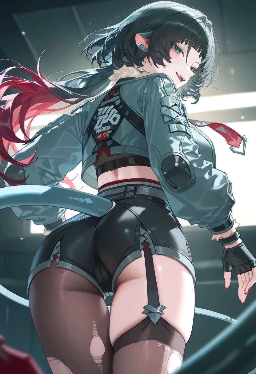 Sexy anime girl bends over and shows her panties, Kurze schwarze Haare, Green eyes, big ass, fishnet, 8k, Sie sieht geil aus