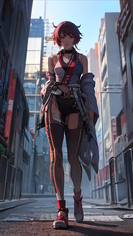 In a post-apocalyptic wasteland, a giantess in ragged clothing roams among the ruins. Her bare feet crush the debris beneath her, and she occasionally picks up tiny survivors, examining them with a mix of pity and amusement before setting them down gently.

