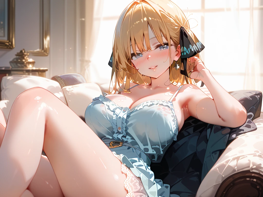 masterpiece, Best Quality, High quality, High Definition, Finely detailed, Detailed texture, realistic representation of face, Realistic, Colorful, Ray tracing, (((lighting forward))), ahegao, (((crying))), (((clenched teeth))), (drooling), (((steam))), (((eyes focus))), (glowing eyes), (Detailed beautiful delicate face, Detailed beautiful eyes, A perfectly proportioned face, High detailed skin, best ratio four finger and one thumb, (((Glowing white shiny skin))),(((oiled skin))), (((Open legs))), (((Large breasts))), (((cleavage))), ((sitting on a bed with one knee up)), ((Smooth texture, Realistic texture, Photorealistic)), (((Green eyes))), (((blonde semi-long hair, ponytail))), 1 girl, full nude, Naked, ((( sheer blue sailor shirt, Sleeveless, Open front))), ((red ribbon tie)), (Navel ), (((Sheer Micro Mini Skirt))), (Beautiful face, Cute face, Detailed face)