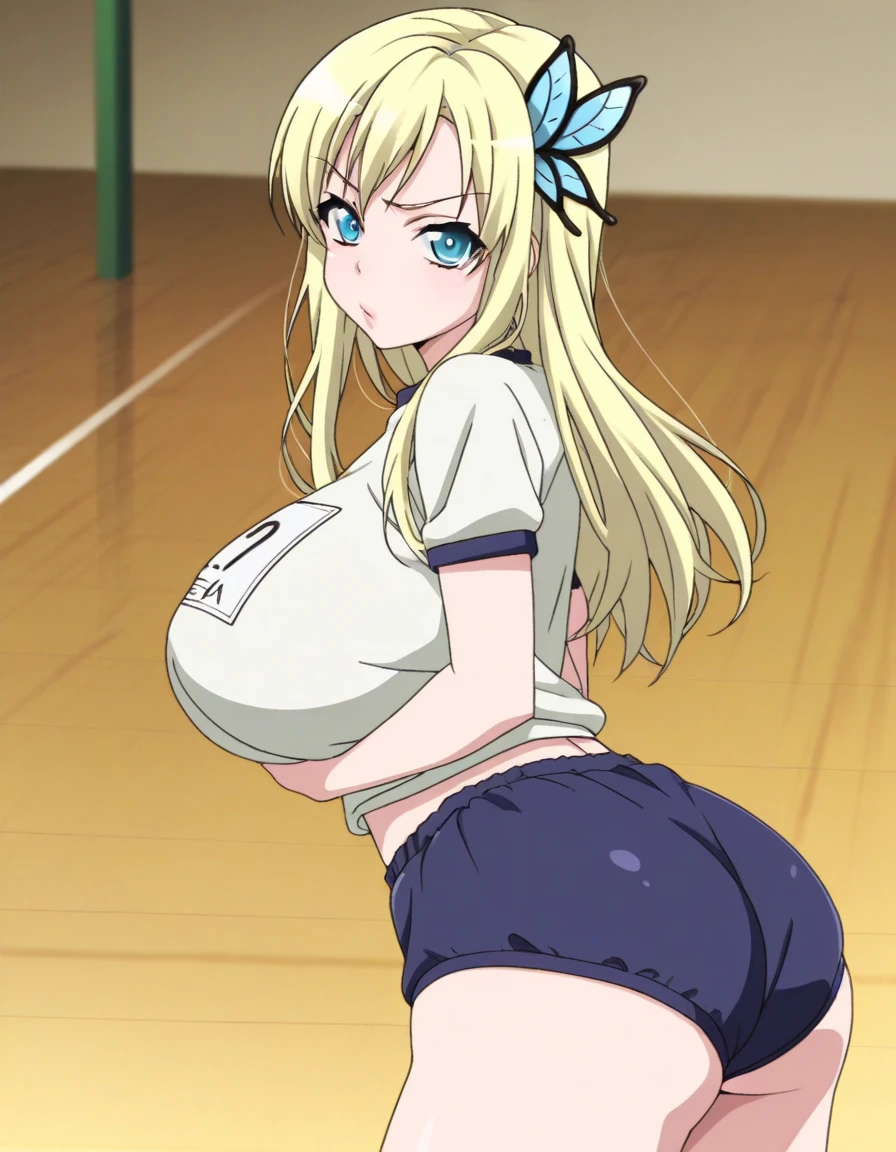 score_9, score_8_up, score_7_up, source_anime, anime screencap, megami maiazine, POV, 1boy, vaginal sex, BREAK, lying, on back, shizukamarikawa, shizuka marikawa, (large breasts:1.2), long hair, blonde hair, very long hair, low-tied long hair, yellow eyes, hair between eyes, blue competition swimsuit, locker room, tiles, blush, orgasm, sweat