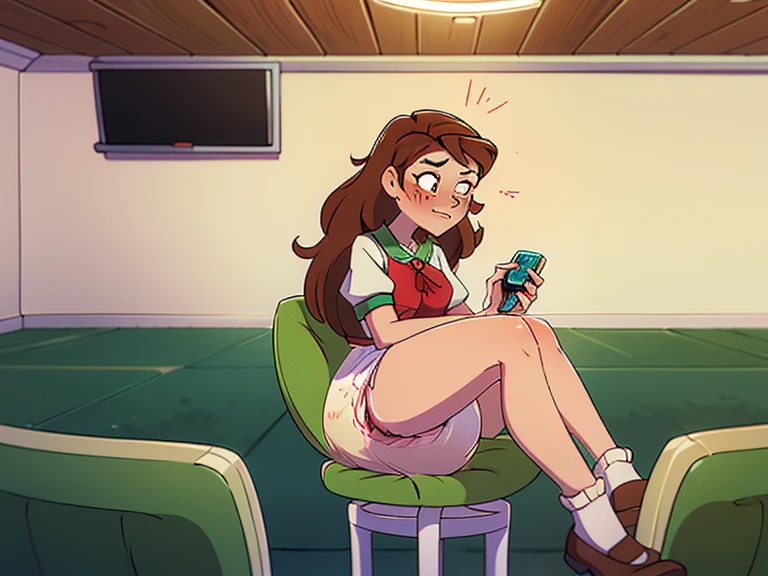 Sam, totally spies, sitting, inside a train, stylish clothes, orange hair, green eyes, blushing, hairy penis at face, looking at viewer, holding smartphone, from above, side view, hands off