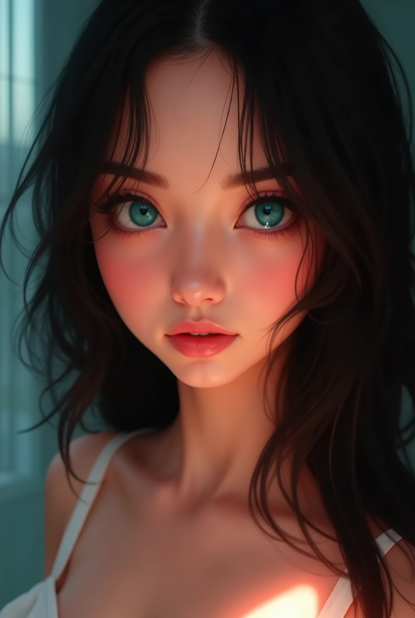 The image is a digital illustration that depicts a beautiful young girl with long dark hair. She has expressive turquoise almond-shaped eyes. Expressive makeup. Black eyeliner. Dark eyebrows. The lips of a natural shade are slightly parted. An indifferent look. Diffused light.