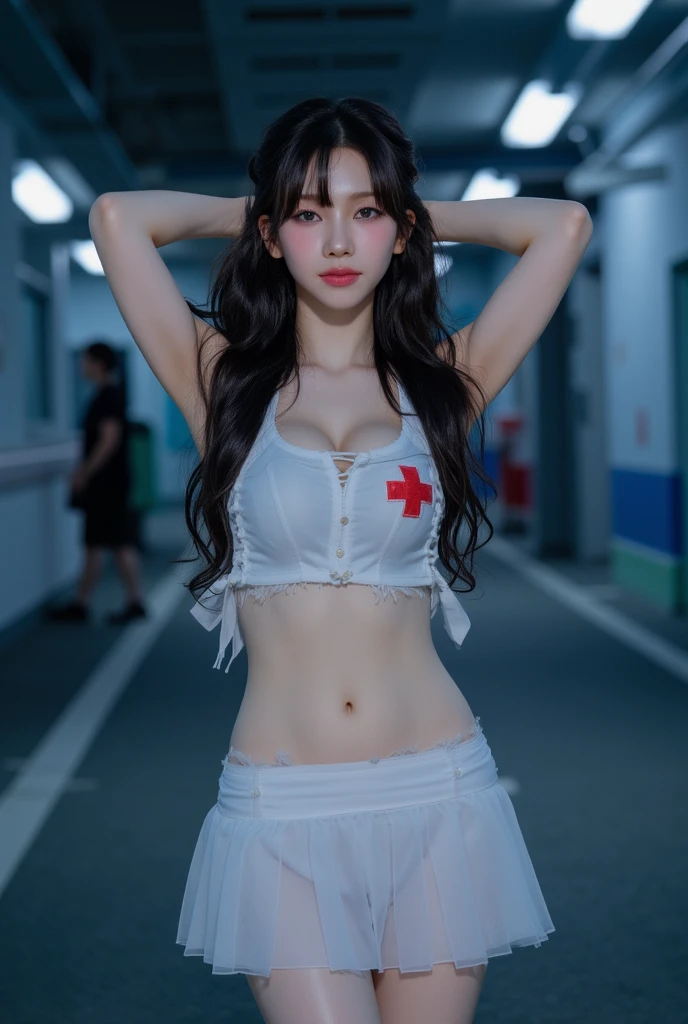 1woman, Nurse, nurse uniform, Nurse Cap, Whiteware, ((White legwear, zettai ryouiki)), White Gloves, red long hair, pink lipsticks, Smile, Standing, sharp outline, Short sleeves, a mature female, 25 year old, Best Quality, masterpiece, infirmary, As chest shows, chest escaping, rain on face, sensuous pose, (Torn clothing、Tattered clothes:1.5), looking at viewer, full body