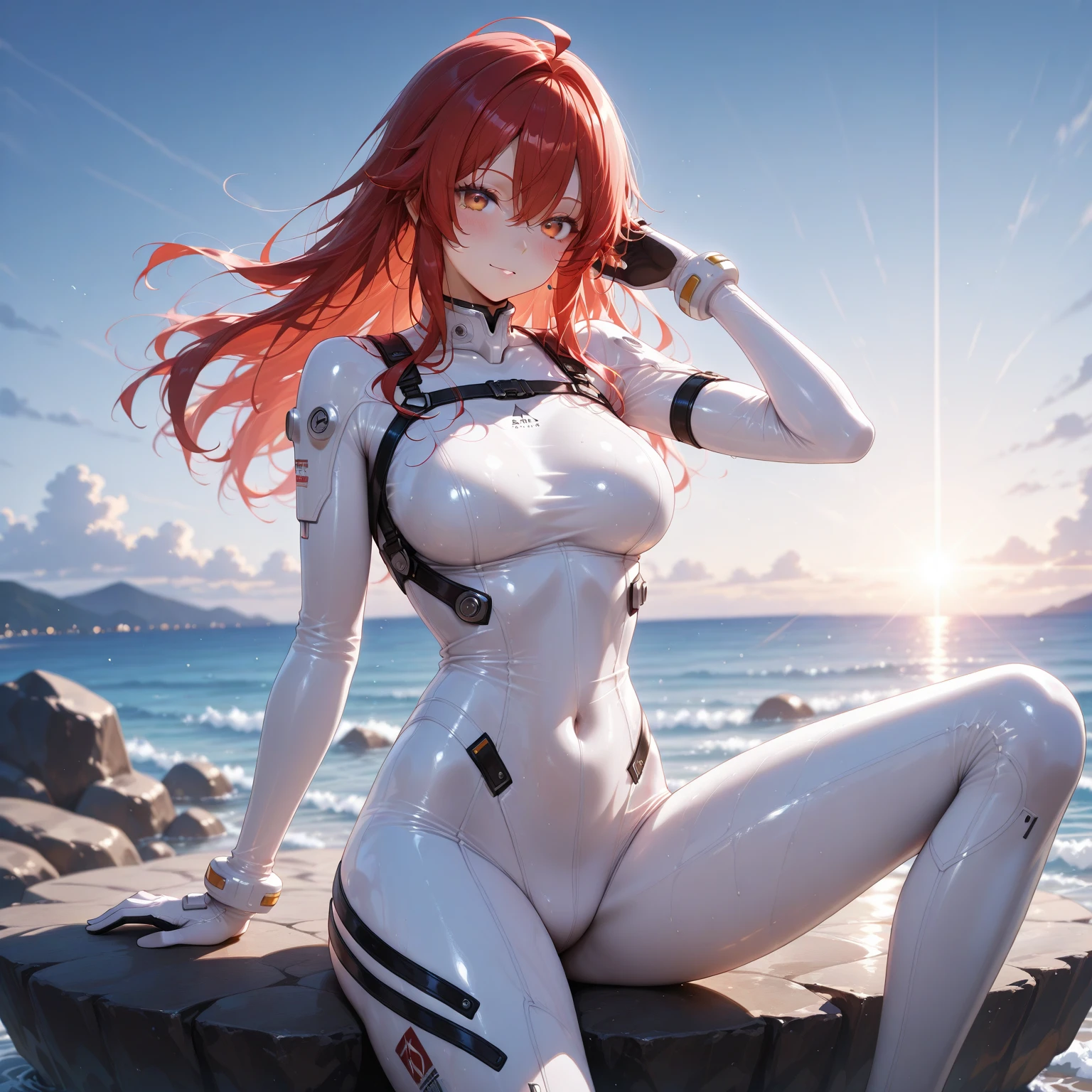 Anime girl in a tight red pilot outfit standing in front of a beach, Asuka Langley Sohryu, Asuka Langley Soryu, Asuka Langley, Asuka Langley Souryuu, Zenkai de corpo inteiro! casaco Asuka, Retrato de Asuka Langley Soryu, Asuka, casaco Asuka sob a roupa!, Asuka bonita de Evangelion