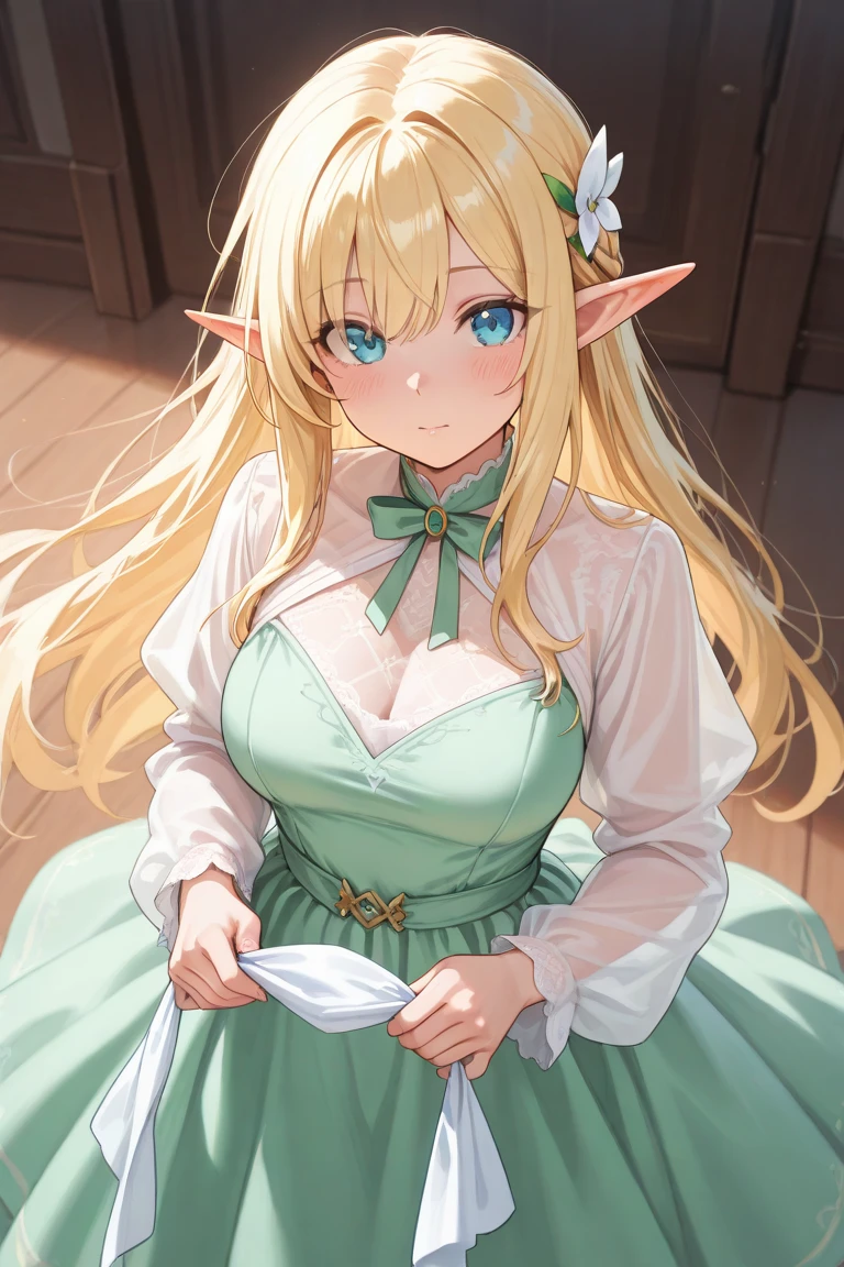 masterpiece,best quality,highres,cinematic lighting,dramatic angle,1girl,<lora:ShadowverseBrilliantFairyV1-000021:0.8:lbw=jiangshi3>,blonde hair,parted bangs,blue eyes,hands on own chest,covering breasts,blush,(embarrassed:1.2),hair flower,pointy ears,looking at viewer,shy,green dress,cleavage,bare shoulders