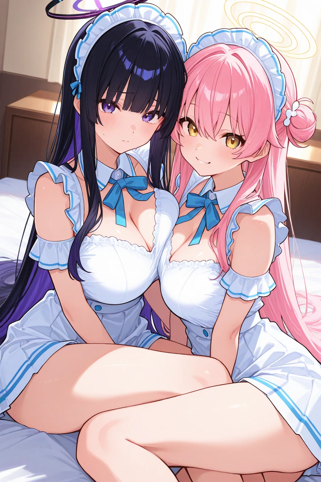 (masterpiece), (best quality), (ultra-detailed), 1girl, viewed from front, ((cute girl, blue eyes, cute eyes, blue ribbons, dark pink hair, long wavy hair, two side up, bangs, small breasts)), full body, sitting on bed, frills, laces, (white onepiece:1.2), white socks, blush:1.2, shy:1.2, white panty, thighs, shiny skin, many roses on bed,nice hands, perfect hands