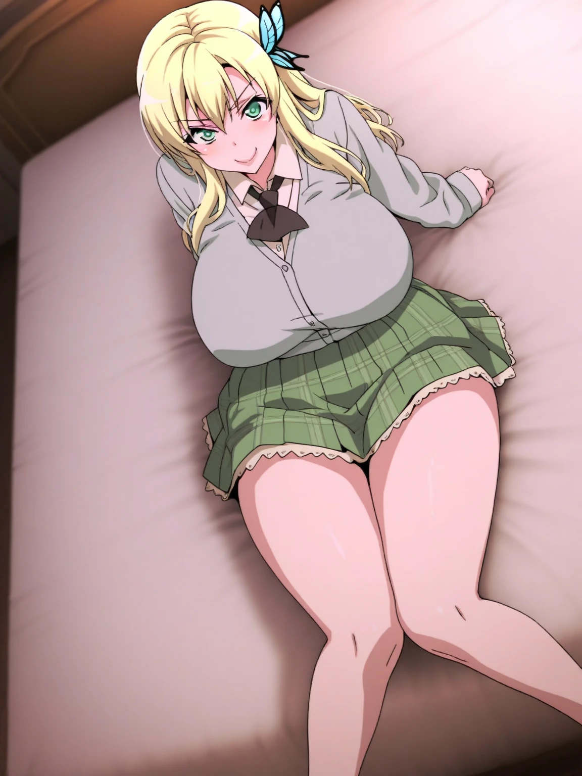 ((1girl)),((alone)),Carol Olston,(masterpiece), (best quality), (ultra detailed), (best illustration), (best shadow), (absurdities), sharp focus, cowboy shot ,atmospheric perspective, depth of field, dynamic posture looking at the viewer, large breasts, narrow waist, wide hips, medium thighs, round butt, erotic, romantic, (very detailed eyes, lips 1.1), very detailed eyes, eyes, very face detailed, Very beautiful face, Symmetrical face, Aesthetic face, perfect face, perfect eyes, detailed eyelashes: 1.5), full height, beautiful slim figure, femininity, expressive appearance, elastic big breasts, sexuality, pink sweater, tight-fitting sweater, long sleeves , red bow tie, curly hair, blonde hair, long hair, strands of hair hanging on both sides, green eyes, white headband with pink bow, short skirt, black skirt, tight skirt, white stockings above the knee, red loafers , hand on hip, curves, defined body, Perfect and beautiful body, perfect and beautiful, closed mouth, seductive expression, happy face, blushing, (sexy pose: 1.2), ((solo)), standing: 1.3,(( interior, school, classroom, desks, desk, window, light reflection, clouds, sunny)), looking forward, ((focus on breasts)), point of view: (from above), perfect anatomy, perfect hands