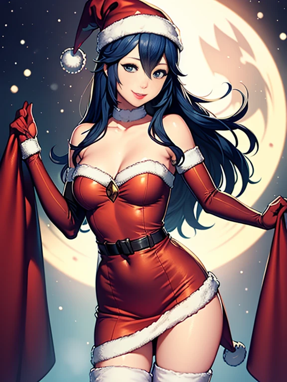 1girl, solo, masterpiece, best quality, high res, highly detailed, (illustration), beautiful detailed eyes, purple eyes ,rukia, black hair ,glossy lips, light makeup, light smile, long white satin elbow gloves ,cowboy shot, (santa), red santa dress, santa hat, large breasts 