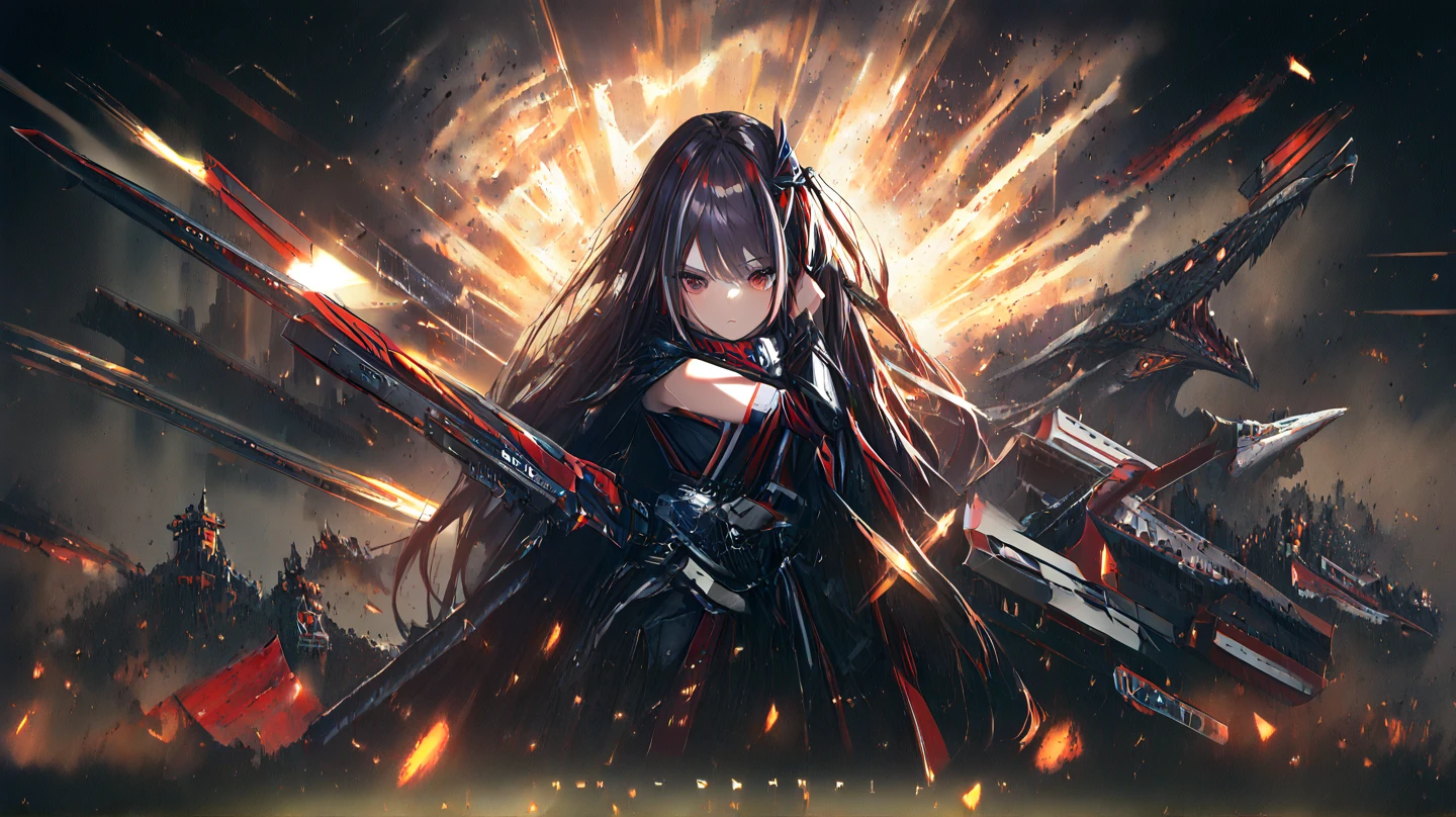 Iai Slash,独奏,black suits,sunglasses,twintail,black hair,masterpiece,best quality,super detailed,super fine illustration,8k,dynamic angle,battle scene,in dark room,detailed background,Break she is running forward.