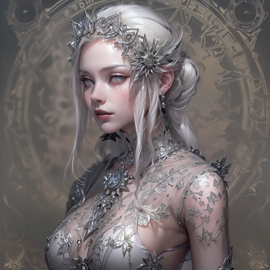（best qualtiy，ultra - detailed，Most Best Illustration，Best shadow，tmasterpiece，A high resolution，professionalartwork，famousartwork），Detailed eyeeautidful eyes，closeup cleavage，sci-fy，colored sclera，Robot eyeace markings，Tattooed with，（fractalized，Fractal eyes），largeeyes，Wide eyes，（Eye focus），sface focus，Cosmic eyes，Space eyes，Close-up of metal sculpture of a woman with a moon in her hair，goddetremly high detail，3 d goddess portrait，Extremely detailed footage of the goddess，a stunning portrait of a goddess，Side image of the goddess，portrait of a beautiful goddesull body close-up portrait of the goddess，hecate goddess，portrait of a norse moon goddess，goddess of space and time