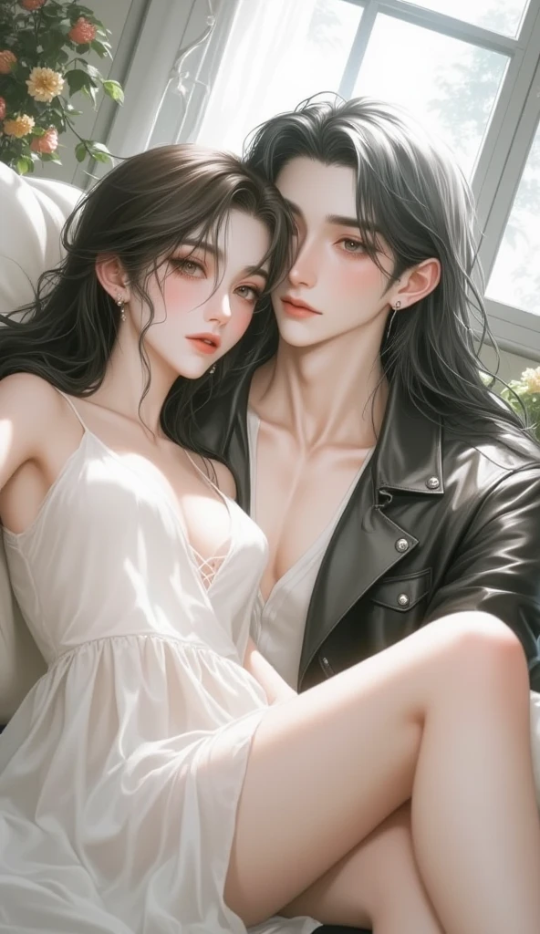 (masterpiece), (5K), (best quality), 2d Couple, ((a young gray hair couple)), ((a gray hair woman , pushed back locks, sharp eyes, slit_ pupils, pale eyes, small boobs, red dress)), brown eyes, ultra well detailed eyes, ((a gray hair guy, white royal clothes)), a passionate hug