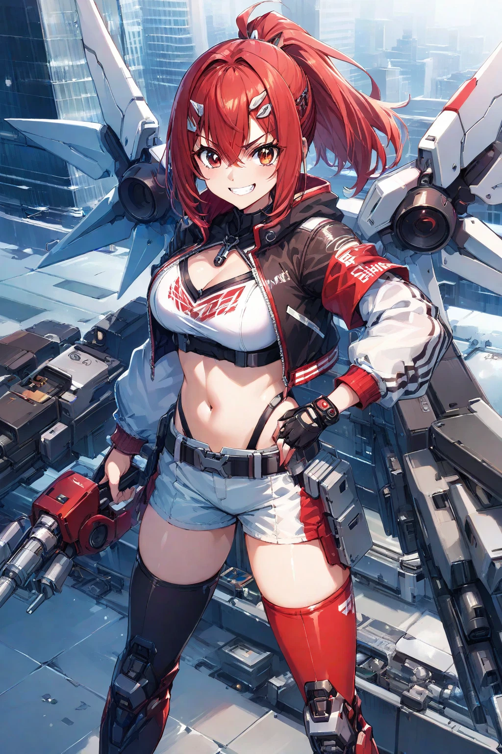 ((最高品質)), ((傑作)), (詳しい), 完璧な顔1girl, solo, breasts, looking at viewer, large breasts, brown hair, red eyes, thighhighs, white background, navel, orange hair, clenched hands, personification, mecha musume, v-fin