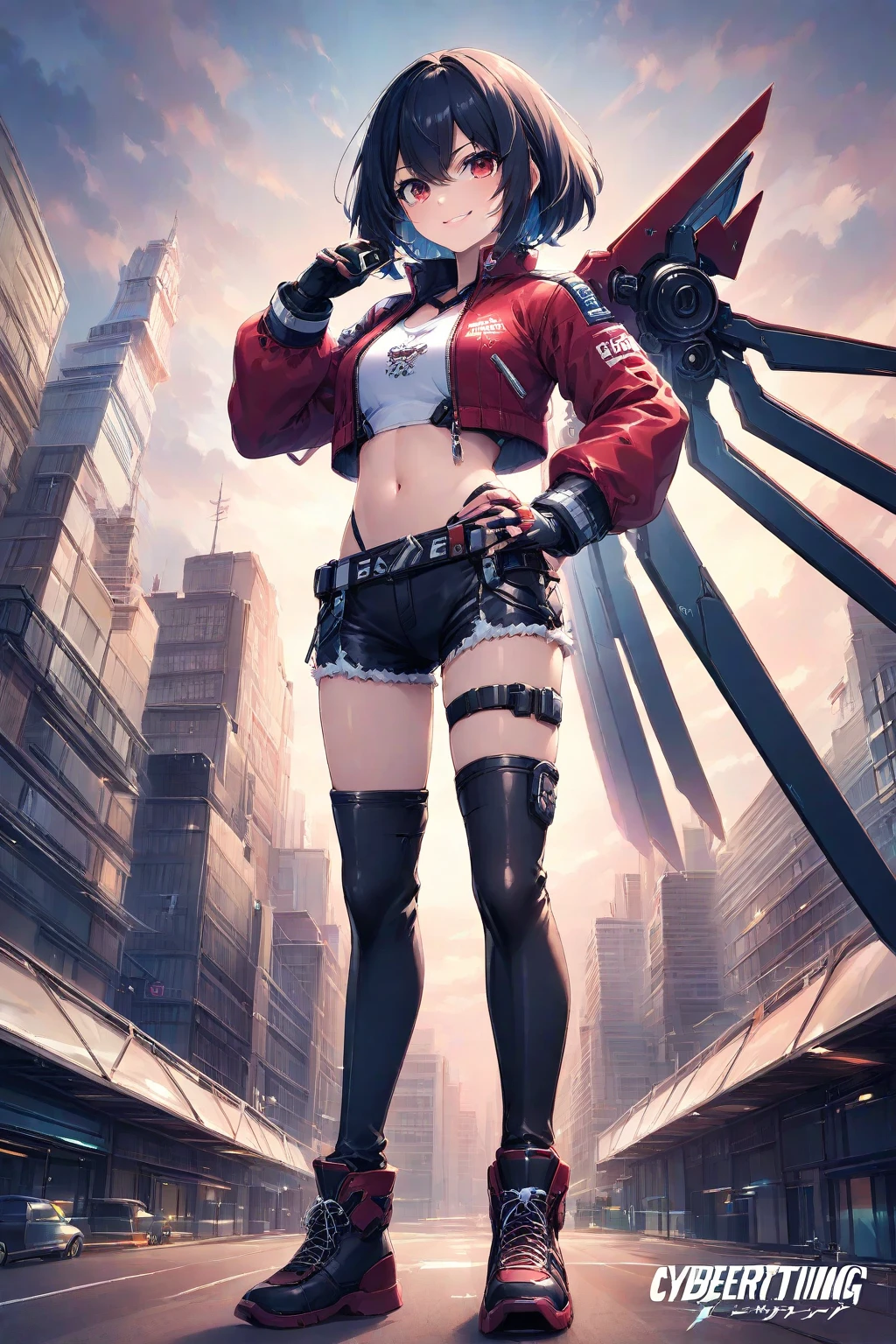 girl similar to gorillaz noodle, ((drawing)) , with a red mohawk, multiple tattoos and scars. She is wearing only underwear, striped knee-high socks, and black boots. The character is carrying a large green rocket launcher on her shoulders, with a small toy tank at her feet. She also holds a dangling pink doll in one hand. The background is a solid yellowish color with a worn and aged appearance, giving the image a retro style. a touch of humor and quirky elements."