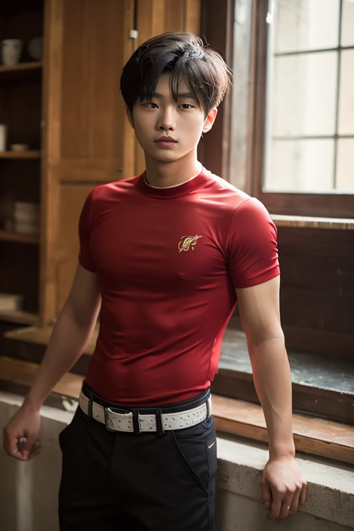 (masterpiece), best quality,bts jhope, muscular body, bodybuilder,glases, wearing red shirt,black shorts