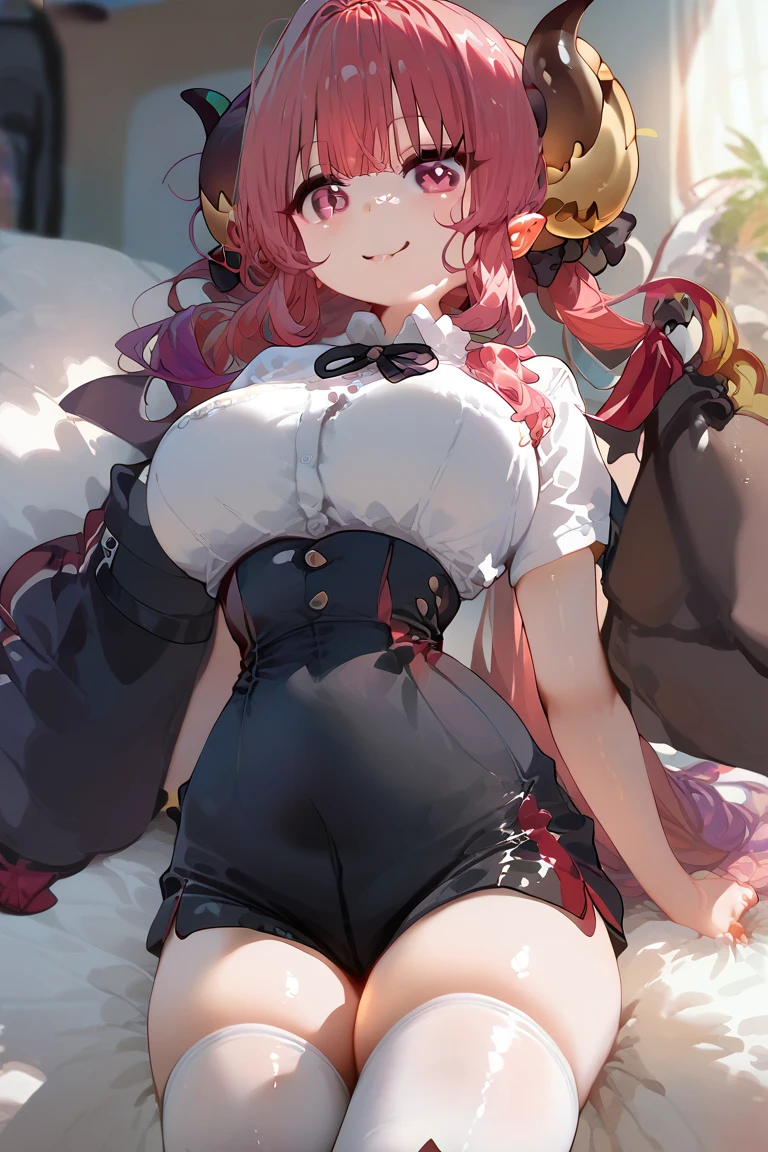 lunachan, Uekura Eku, 1girl, massive breasts, cleavage animals, flowers, food, toys bedroom, messy room, from below