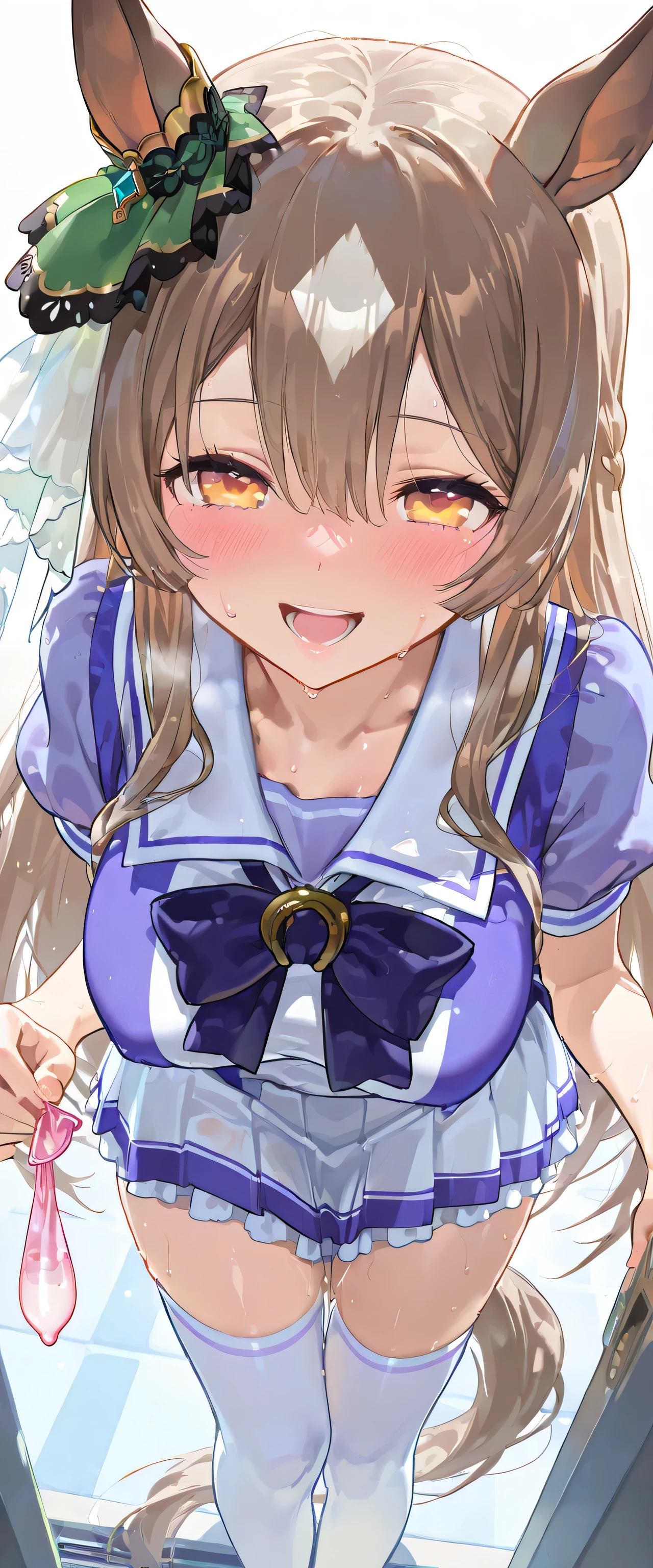(masterpiece, finely detailed beautiful eyes: 1.2), ultra-detailed, ultra high res, professional lighting, high quality makeup, beautiful detailed eyes, Extremely cute, (extremely detailed beautiful face), (Authentic skin texture:1.4), very aesthetic, latest, scenery (delicate), Volumetric Lighting, depth of coverage, shiny skin, (dynamic angle for women, front view), In the shade, Hidden, Satono Diamond \(Uma Musume\), horse ears, horse tail, (1 ultra super extremely cute junior high school student girl), (large breasts:1.1), drooping eyes, (blush:1.3), (sexual aroused face:1.5), (sweat:1.2), (steam), (slender body, slender stomach:1.1), long hair, (erect nipples:0.8), (summertracen, tracen school uniform, purple shirt, purple bow, horseshoe ornament, puffy short sleeves, white skirt, white thighhighs), clothed, (from above), shy, smile, open mouth, (A used condom with a large amount of semen:1.2), (holding a used condom:1.1)